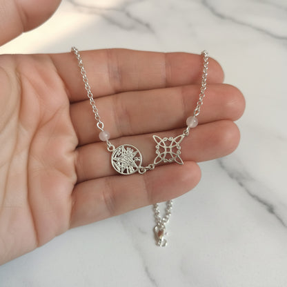 Pulsera Nudo de Bruja y Tetragramatón en Plata de Ley 925 con Cuarzo Rosa - Amuleto de Protección y Amor Propio
