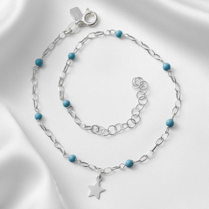 Tobillera de Plata de Ley 925 con Bolas Turquesas y Estrella - Amuleto de Guía Celestial y Regalo de Protección