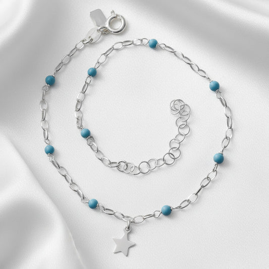 Tobillera de Plata de Ley 925 con Bolas Turquesas y Estrella - Amuleto de Guía Celestial y Regalo de Protección