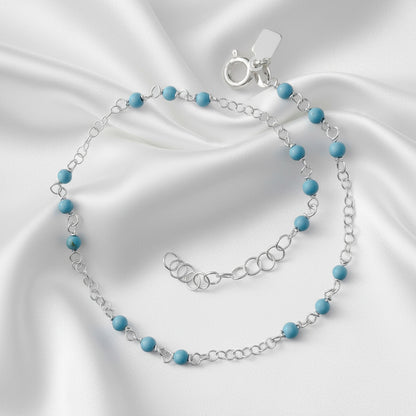 Tobillera de Plata de Ley 925 con Cadena Rolo y Bolas Turquesas - Amuleto de Calma Espiritual y Regalo de Protección