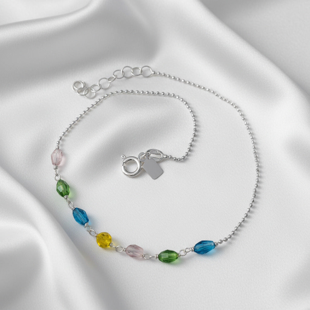 Tobillera de Plata de Ley 925 con Cadena de Bolitas y Piedras de Colores - Amuleto de Enraizamiento y Regalo de Protección