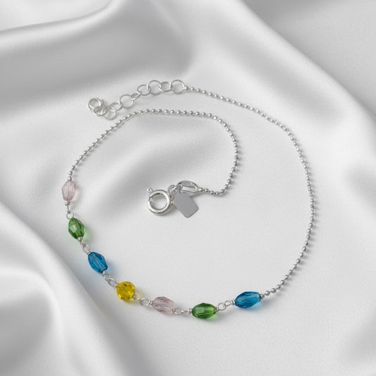 Tobillera de Plata de Ley 925 con Cadena de Bolitas y Piedras de Colores - Amuleto de Enraizamiento y Regalo de Protección