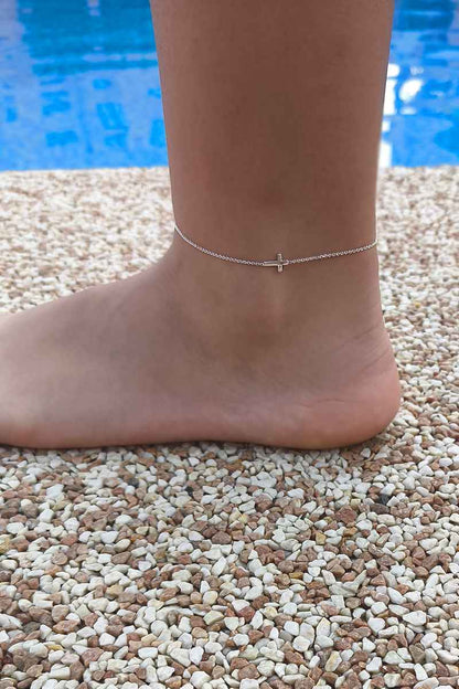 Tobillera Delicada de Plata de Ley 925 con Cruz Plana - Cadena Forzada (21 + 5 cm)